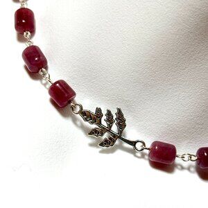Genuine Magenta Chalcedony Short Necklace, Gemstone & Leaf Branch Pendant